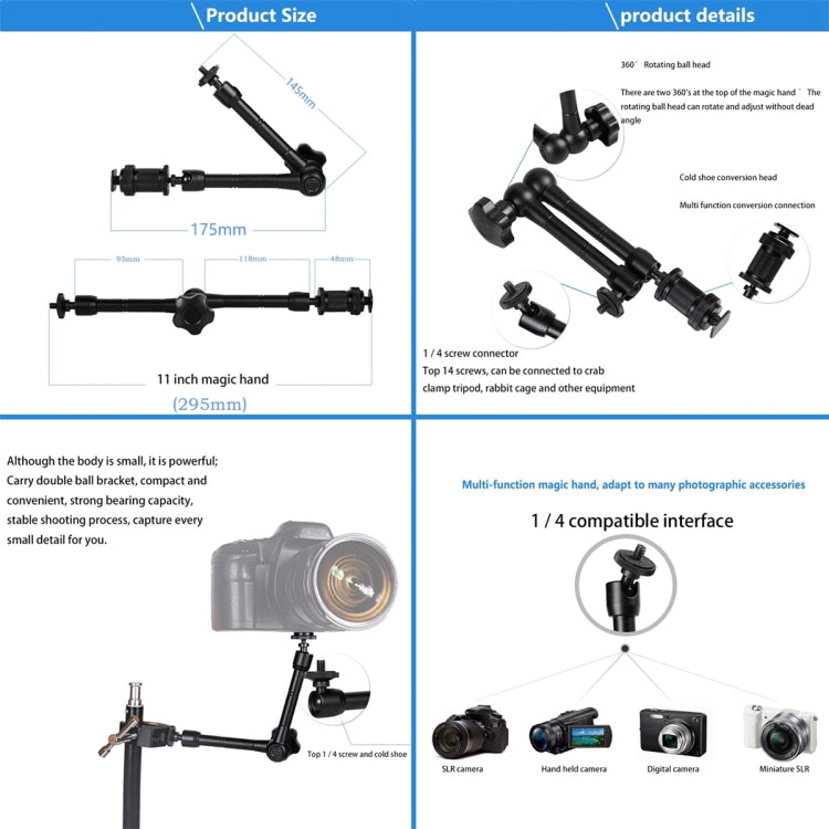 11 inch Adjustable Friction Articulating Magic Arm + Large Claws Clips with Phone Clamp, 11 inch Magic Arm + Claws Clips with Phone Clamp