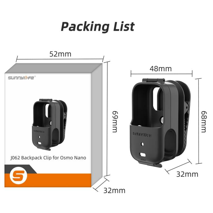 For DJI Osmo Nano Sunnylife Backpack Clip Action Camera Clamp 360 Degree Rotation Vertical-Horizontal Mount, ON-J062 Backpack Clip