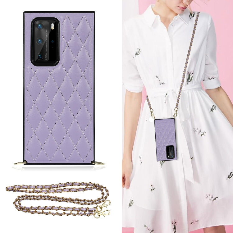 Elegant Rhombic Pattern Microfiber Leather +TPU Shockproof Case with Crossbody Strap Chain, For Huawei P40 Pro