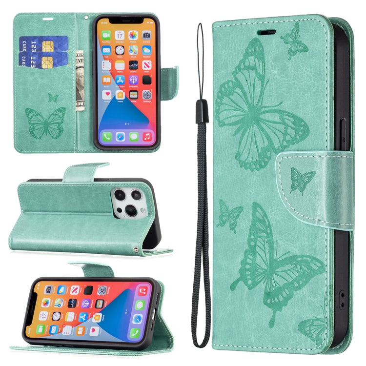 Embossing Two Butterflies Pattern Horizontal Flip PU Leather Case with Holder & Card Slot & Wallet & Lanyard, For iPhone 13 mini, For iPhone 13, For iPhone 13 Pro, For iPhone 13 Pro Max