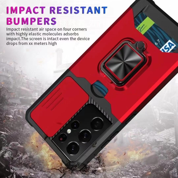 Sliding Camera Cover Design PC + TPU Shockproof Case with Ring Holder & Card Slot, For Samsung Galaxy S21 Ultra 5G