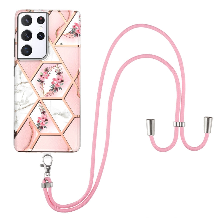 Electroplating Splicing Marble Flower Pattern TPU Shockproof Case with Lanyard, For Samsung Galaxy S21 Ultra 5G, For Samsung Galaxy S21+ 5G, For Samsung Galaxy S21 5G, For Samsung Galaxy S21 FE 5G, For Samsung Galaxy S20 Ultra, For Samsung Galaxy S20+