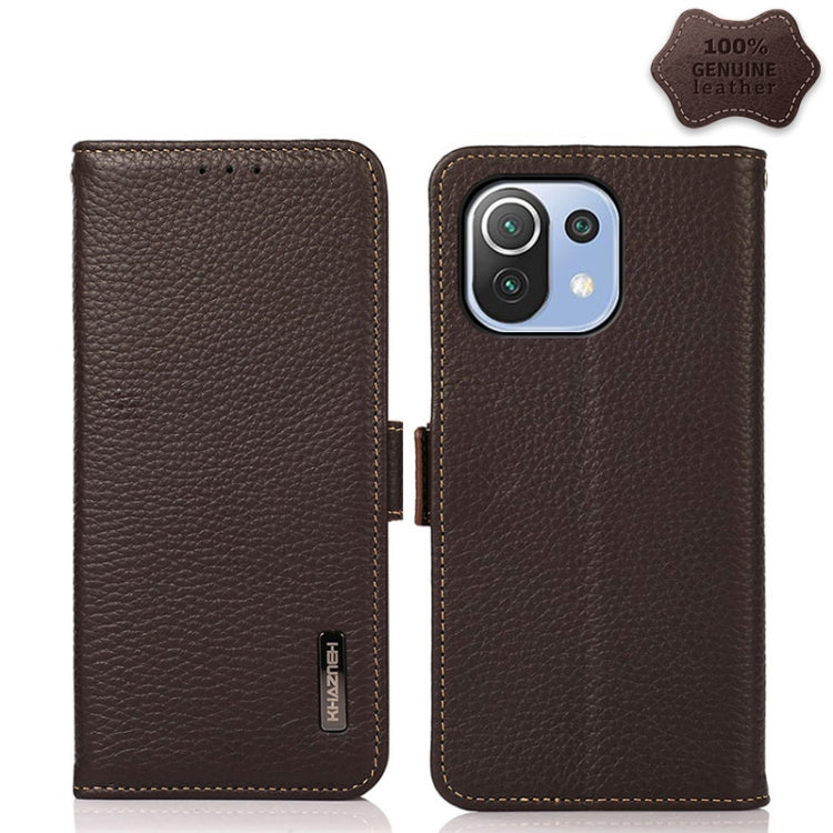 KHAZNEH Side-Magnetic Litchi Genuine Leather RFID Phone Case, For Xiaomi Mi 11 Lite 5G / Mi 11 Lite, For Xiaomi Mi 11, For Xiaomi Mi 11T / Mi 11T Pro, For Xiaomi Redmi Note 10 5G, For Xiaomi Redmi Note 10 Pro, For Xiaomi Redmi K40 Pro / Poco F3