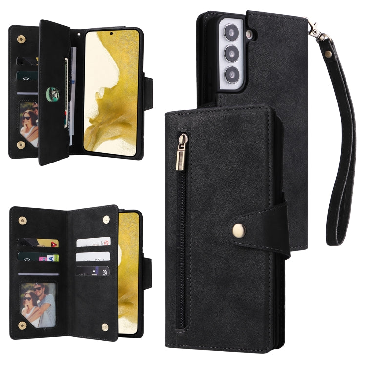 Rivet Buckle 9 Cards Three Fold Leather Phone Case, For Samsung Galaxy S22+, For Samsung Galaxy S22 Ultra 5G, For Samsung Galaxy A02, For Samsung Galaxy A03S 166mm, For Samsung Galaxy A10, For Samsung Galaxy A10s, For Samsung Galaxy A11 EU Version