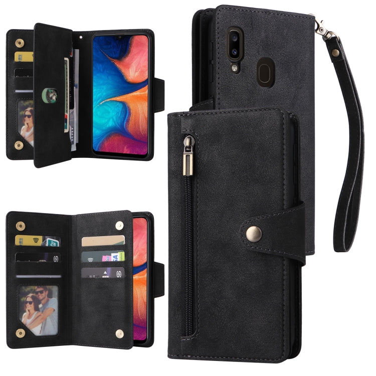 Rivet Buckle 9 Cards Three Fold Leather Phone Case, For Samsung Galaxy A20, For Samsung Galaxy A20E, For Samsung Galaxy A20S, For Samsung Galaxy A21 EU Version, For Samsung Galaxy A21S, For Samsung Galaxy A22 4G, For Samsung Galaxy A22 5G