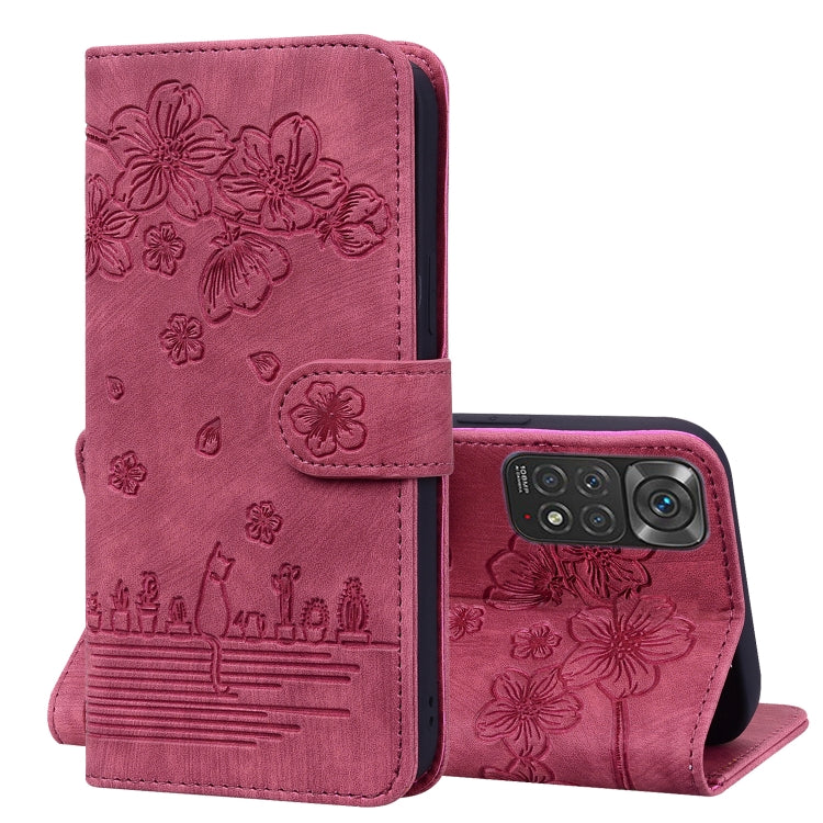 Cartoon Sakura Cat Embossed Leather Phone Case, For Xiaomi 12 / 12S / 12X, For Xiaomi Redmi Note 11 / Note 11S Global