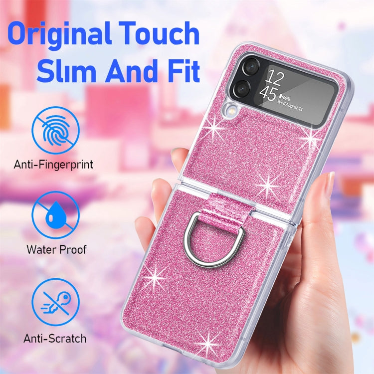 Glitter Leather Skin PC Phone Case with Ring, For Samsung Galaxy Z Flip4
