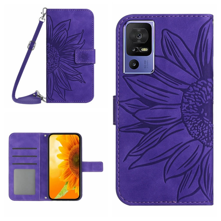 HT04 Skin Feel Sun Flower Embossed Flip Leather Phone Case with Lanyard, For Motorola Moto G73 5G, For OPPO A58 5G/A78 5G, For OPPO Reno8 T 4G, For TCL 40 SE