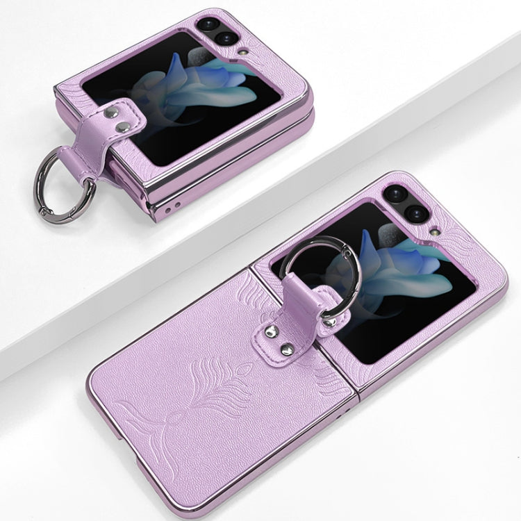 Electroplated Embossed Leather Phone Case with Ring, For Samsung Galaxy Z Flip5, For Samsung Galaxy Z Flip4