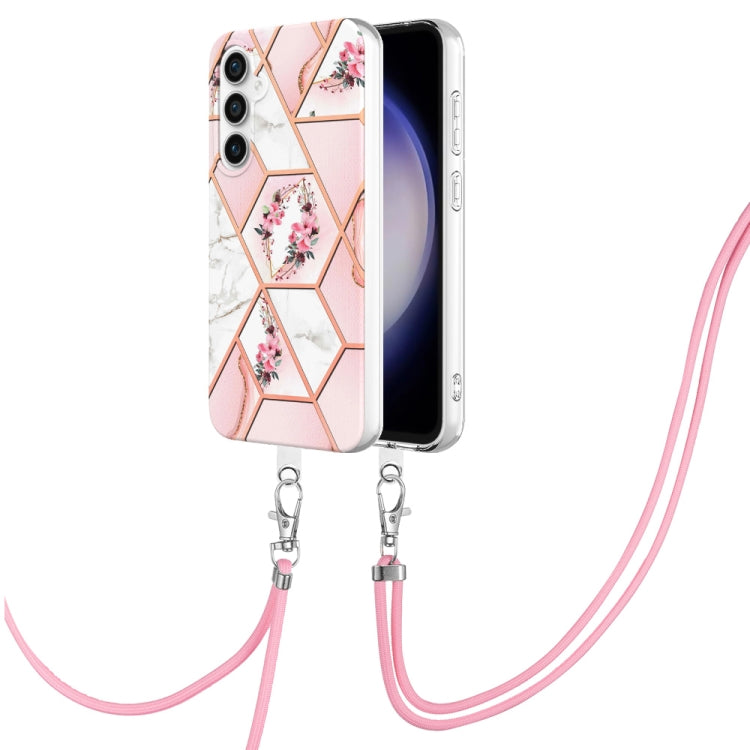 Electroplating Splicing Marble Flower IMD TPU Phone Case with Lanyard, For Samsung Galaxy S25 Ultra 5G, For Samsung Galaxy S24 Ultra 5G, For Samsung Galaxy S24+ 5G, For Samsung Galaxy S24 5G, For Samsung Galaxy S23 FE 5G