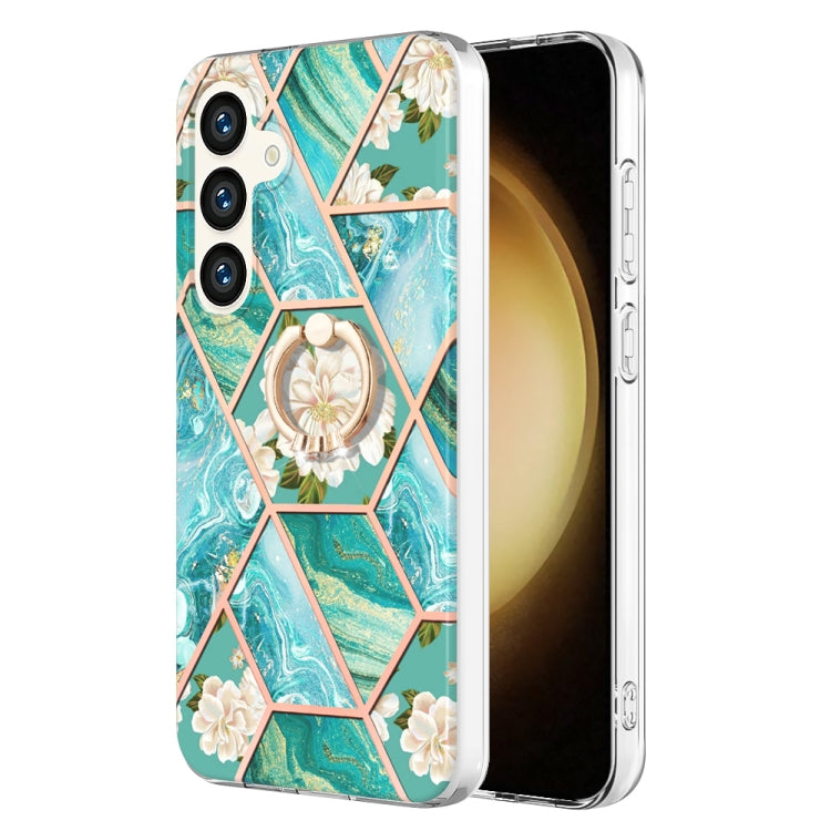 Electroplating Splicing Marble Flower Pattern TPU Shockproof Case with Rhinestone Ring Holder, For Samsung Galaxy S25 Ultra 5G, For Samsung Galaxy S24 Ultra 5G, For Samsung Galaxy S24+ 5G, For Samsung Galaxy S24 5G