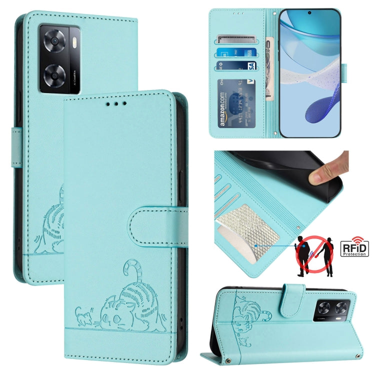 Cat Rat Embossed Pattern RFID Leather Phone Case with Lanyard, For OPPO A57 4G Global, For OPPO Reno8 Pro 5G Global, For OPPO Reno8 5G Global, For OPPO F21 Pro 5G, For OPPO Reno7 Lite, For OPPO A36 4G / A76 4G, For OPPO A96 4G / K10 4G