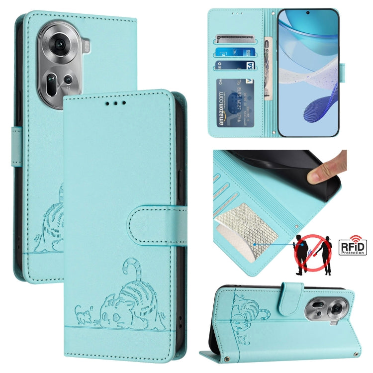 Cat Rat Embossed Pattern RFID Leather Phone Case with Lanyard, For OPPO Reno11 5G Global, For OPPO Reno11 Pro 5G Global, For OPPO Find X7 Ultra, For OPPO A38 4G / A18 4G Global, For OPPO Reno9 A, For OPPO Reno10 Pro Global, For OPPO Reno10 Global
