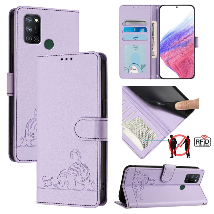 Cat Rat Embossed Pattern RFID Leather Phone Case with Lanyard, For Realme V11 5G, For Realme C17 / 7i
