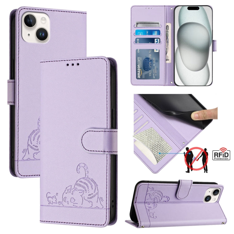 Cat Rat Embossed Pattern RFID Leather Phone Case with Lanyard, For iPhone 18 Pro / 17 Pro, For iPhone 18 Pro Max / 17 Pro Max, For iPhone 17, For iPhone Air, For iPhone 17e / 16e, For iPhone 15 Pro Max, For iPhone 15 Pro, For iPhone 15 Plus