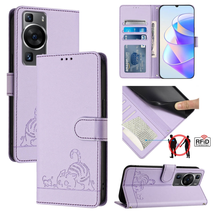Cat Rat Embossed Pattern RFID Leather Phone Case with Lanyard, For Huawei nova 14 5G, For Huawei nova 13 Pro 5G, For Huawei Pura 70 Pro, For Huawei Pura 70, For Huawei Mate 60 Pro/60 Pro+, For Huawei Mate 60, For Huawei P60 Art, For Huawei P60/P60 Pro