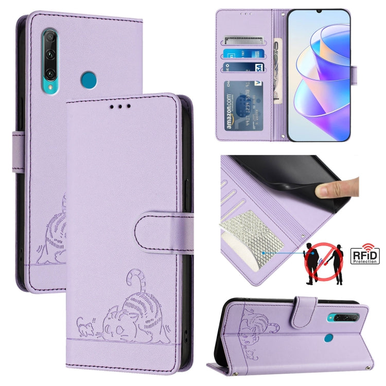 Cat Rat Embossed Pattern RFID Leather Phone Case with Lanyard, For Huawei Enjoy 9s 4G, For Huawei P30 lite/nova 4e, For Huawei P30 Pro, For Huawei P30, For Huawei P Smart 2019, For Huawei P Smart+ 2019