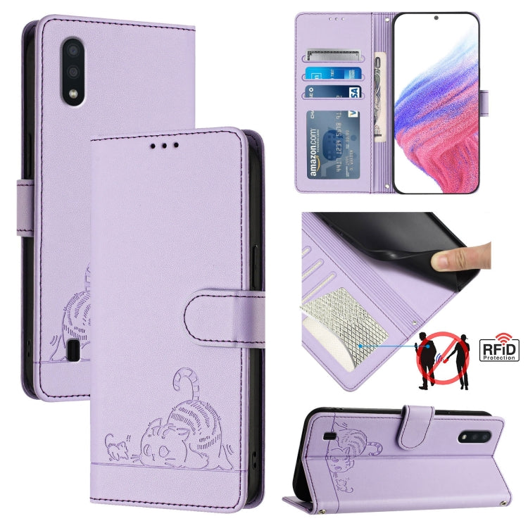 Cat Rat Embossed Pattern RFID Leather Phone Case with Lanyard, For Samsung Galaxy A40, For Samsung Galaxy A10/M10 EU Version