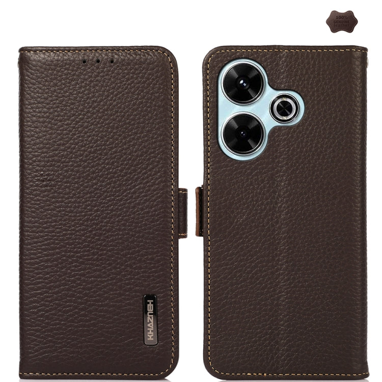 KHAZNEH Side-Magnetic Litchi Genuine Leather RFID Phone Case, For Redmi Turbo 4 Pro, For Redmi Turbo 4 / Poco X7 Pro, For Redmi Note 14 5G, For Redmi Note 14 Pro 5G, For Redmi 14C 4G, For Redmi 13 4G