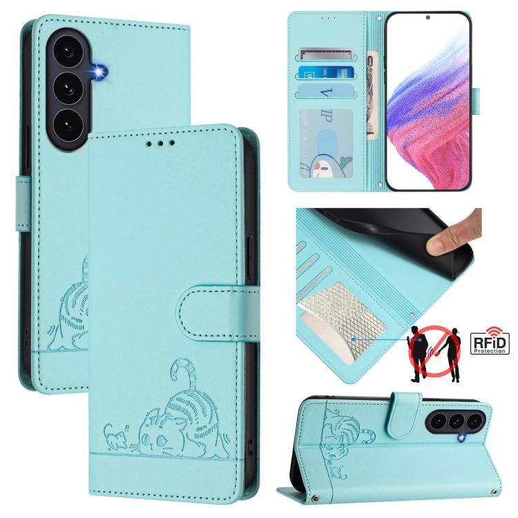 Cat Rat Embossed Pattern RFID Leather Phone Case with Lanyard, For Galaxy S26 FE 5G, For Samsung Galaxy S26+ 5G, For Samsung Galaxy S26 Edge 5G, For Samsung Galaxy S26 Ultra 5G, For Samsung Galaxy S26 5G, For Samsung Galaxy S25 Edge 5G