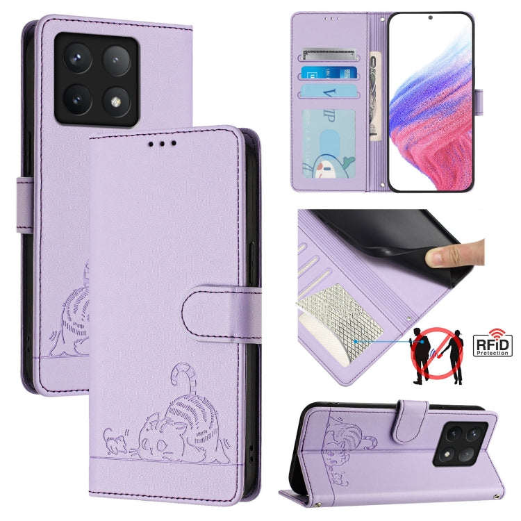 Cat Rat Embossed Pattern RFID Leather Phone Case with Lanyard, For Xiaomi 15 Ultra, For Xiaomi 14T Pro, For Xiaomi 14T