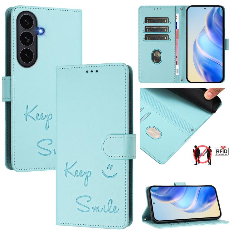 Smile Embossing RFID Leather Phone Case, For Galaxy S26 FE 5G 5G, For Samsung Galaxy S26+ 5G, For Samsung Galaxy S26 Edge 5G, For Samsung Galaxy S26 Ultra 5G, For Samsung Galaxy S26 5G, For Samsung Galaxy S25 Edge 5G, For Samsung Galaxy S25 5G