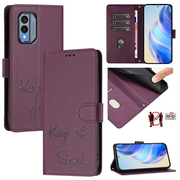 Smile Embossing RFID Leather Phone Case, For Nokia G42 / G310, For Nokia C300, For Nokia C22, For Nokia C12, For Nokia G22, For Nokia C32, For Nokia C02, For Nokia X30 5G