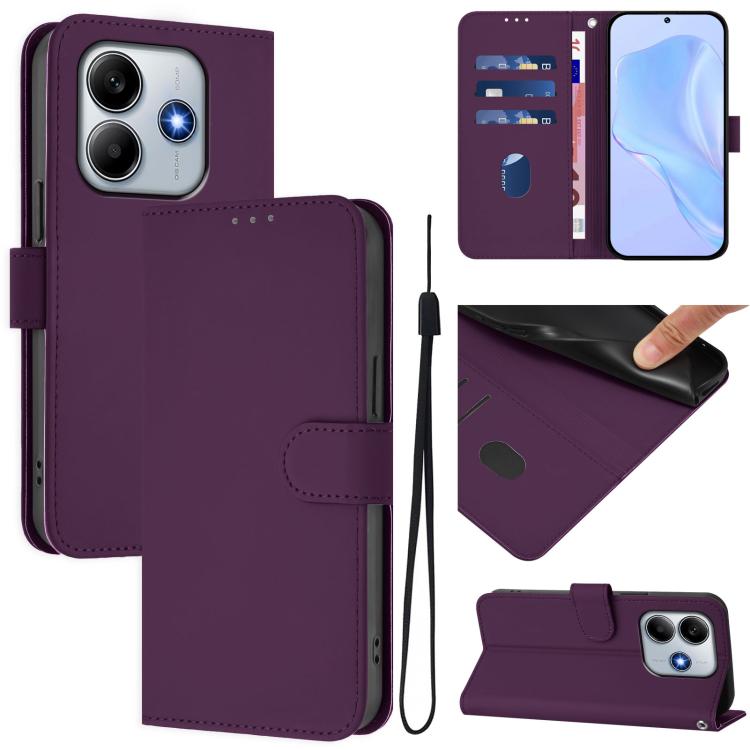 Skin Feel Solid Color Leather Phone Case with Lanyard, For Redmi Note 14 Pro 4G, For Redmi Note 14 4G 163.25mm