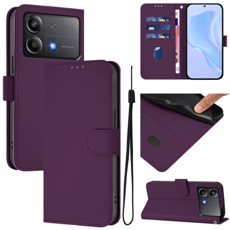 Skin Feel Solid Color Leather Phone Case with Lanyard, For Xiaomi Poco M6 Pro 4G, For Xiaomi Poco X6 Neo 5G Global