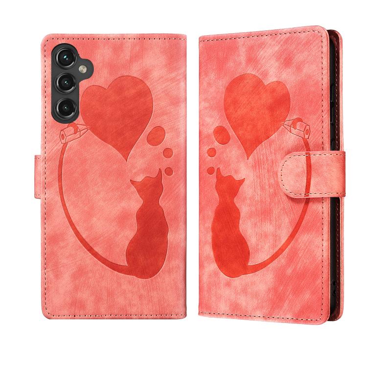 Pen Heart Cat Embossed Leather Phone Case, For Galaxy S26 FE 5G, For Samsung Galaxy S26+ 5G, For Samsung Galaxy S26 Ultra 5G, For Samsung Galaxy S26 5G, For Samsung Galaxy S25 FE 5G, For Samsung Galaxy S25 5G, For Samsung Galaxy S25+ 5G