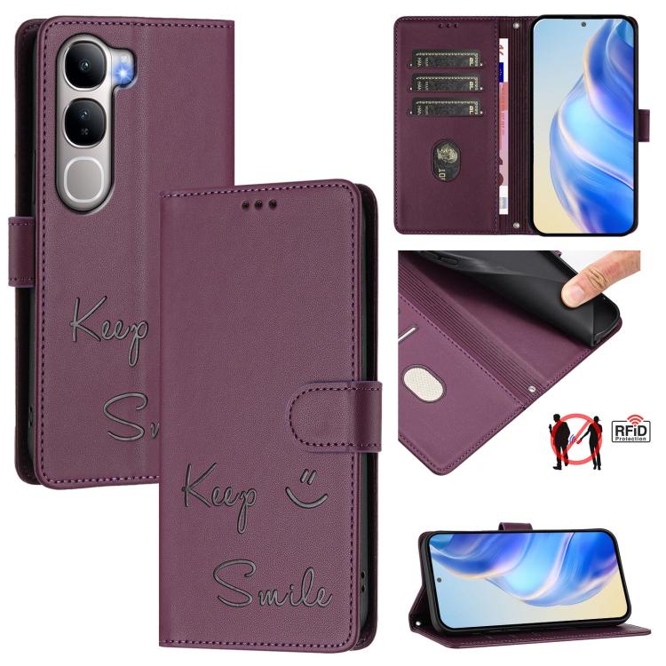 Smile Embossing RFID Leather Phone Case, For vivo X300 FE / S50 Pro mini 5G, For vivo X300s, For vivo Y21 5G 2026 / vivo Y05 4G, For vivo V70 FE 5G, For vivo X300 Ultra, For vivo X300 Pro 5G, For vivo X300 5G, For vivo Y31 5G Global