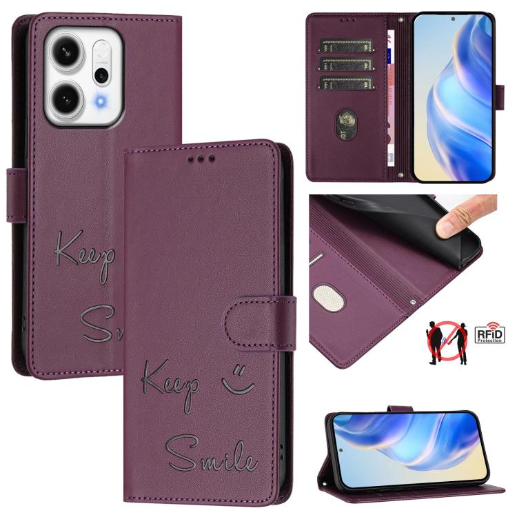 Smile Embossing RFID Leather Phone Case, For OPPO Find X9, For OPPO A6 GT 5G, For OPPO Find X9 Pro, For OPPO K13 Turbo 5G, For OPPO Reno14 F 5G, For OPPO A5x 5G / 4G Global, For OPPO A5 5G Global, For OPPO Reno14 Pro Global