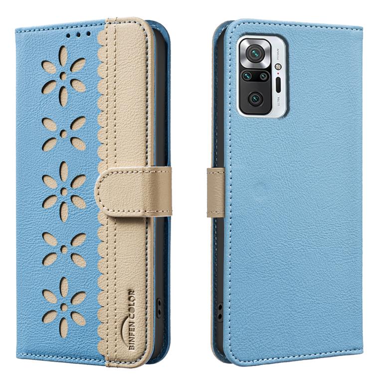 Splicing Color Hollow Flower Pattern RFID Leather Phone Case, For Redmi Note 11 Pro Global 6.67 inch, For Redmi 10 5G / Note 11 4G 6.5 inch, For Redmi Note 10 5G / Note 10T 5G, For Redmi Note 10 4G / Note 10S, For Redmi Note 10 Pro / 10 Pro Max