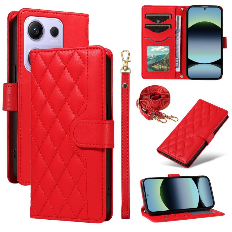 Three Card Slot Diamond Grid Leather Phone Case with Long / Short Straps, For Xiaomi Poco M6 Pro 4G Global