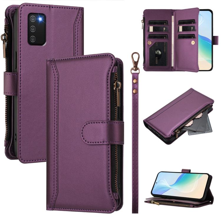 Magnetic Closure 9 Card Slots Zipper Leather Case with Hand Strap, For Samsung Galaxy A42 5G / M42 5G, For Samsung Galaxy A32 4G, For Samsung Galaxy A02 / M02, For Samsung Galaxy A72 5G / 4G, For Samsung Galaxy A02s 164mm, For Samsung Galaxy A02s 166mm