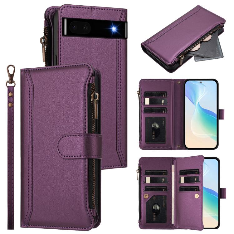 Magnetic Closure 9 Card Slots Zipper Leather Case with Hand Strap, For Google Pixel 7a, For Google Pixel 7 Pro 5G, For Google Pixel 7 5G, For Google Pixel 6a