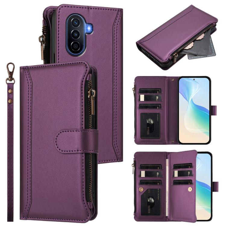 Magnetic Closure 9 Card Slots Zipper Leather Case with Hand Strap, For Huawei Pura 70, For Huawei Mate 60 Pro / 60 Pro+, For Huawei Mate 60, For Huawei P60 Art, For Huawei P60 / P60 Pro, For Huawei Enjoy 50 Pro 4G, For Huawei Enjoy 50 4G