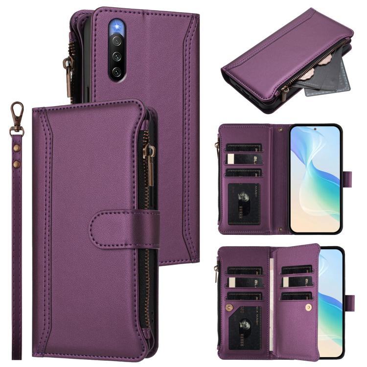 Magnetic Closure 9 Card Slots Zipper Leather Case with Hand Strap, For Sony Xperia 10 IV, For Sony Xperia 10 III/10 III Lite
