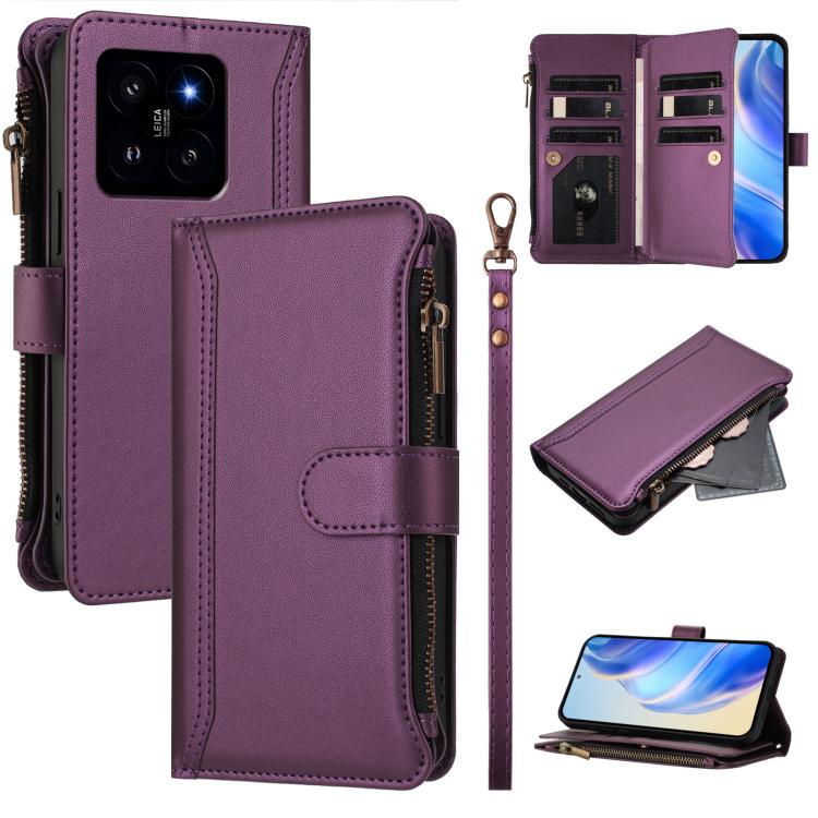 Magnetic Closure 9 Card Slots Zipper Leather Case with Hand Strap, For Xiaomi 14T, For Xiaomi Poco F6, For Xiaomi Poco F6 Pro, For Xiaomi Poco X6 Neo, For Xiaomi Poco X6 Pro, For Xiaomi 14 Ultra, For Xiaomi 14 Pro, For Xiaomi 14
