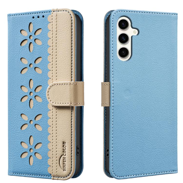 Splicing Color Hollow Flower Pattern RFID Leather Phone Case, For Samsung Galaxy M36 5G