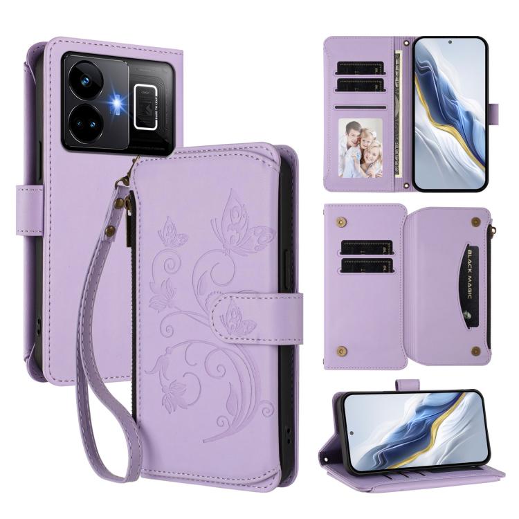 Butterfly Love Flower Multi-card Zipper Wallet Leather Phone Case, For Realme Narzo 60 Pro, For Realme C65 4G Global, For Realme C55 4G Global / Narzo N55, For Realme C33 2023 / 2022, For Realme 10T 5G / 10S 5G, For Realme GT3 5G / GT Neo 5 240W