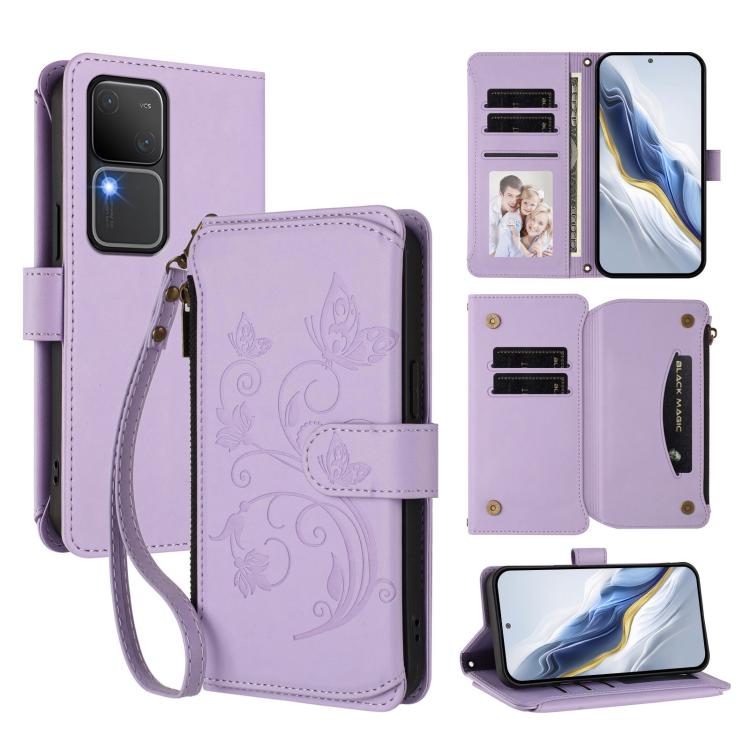 Butterfly Love Flower Multi-card Zipper Wallet Leather Phone Case, For vivo Y38 5G Global / T3X 5G, For vivo X100 Pro / X100s Pro, For vivo X100s 5G, For vivo iQOO Z9x, For vivo iQOO Neo Z9 / Z9 Pro Turbo 5G, For vivo S18 / S18 Pro 5G / V30 Pro