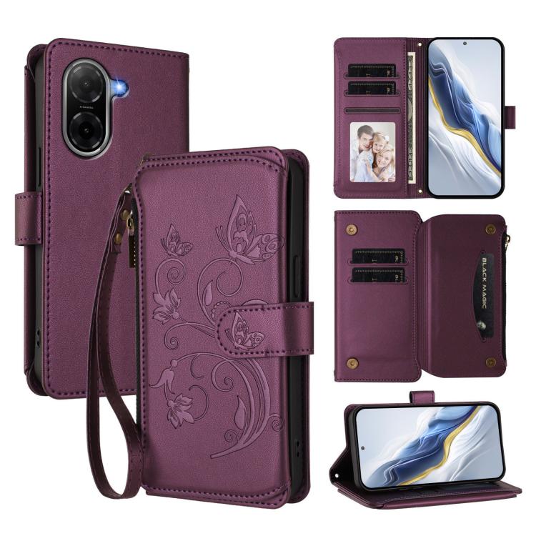 Butterfly Love Flower Multi-card Zipper Wallet Leather Phone Case, For Redmi A5 4G 173.3mm, For Redmi Note 14S 4G / Note 13 Pro 4G, For Redmi Note 14 4G 164.84mm, For Redmi Note 14 Pro 5G / Note 14 Pro+ 5G, For Redmi Note 14 5G / Poco M7 Pro 5G