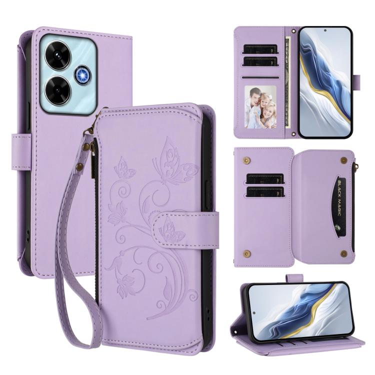 Butterfly Love Flower Multi-card Zipper Wallet Leather Phone Case, For Redmi Note 15 4G / 5G Global 164mm, For Redmi Note 15 Pro 5G Global 163.6mm, For Redmi 15 5G Global / 15 4G SEA 169.5mm, For Redmi 15 5G / 4G EU 171mm, For Redmi Turbo 4 Pro / Poco ...
