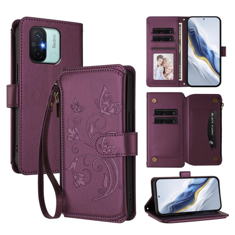 Butterfly Love Flower Multi-card Zipper Wallet Leather Phone Case, For Redmi 11A / Poco C55, For Redmi Note 12 Pro+ Global, For Redmi Note 12 Pro 5G Global / Speed, For Redmi Note 12 5G Global / Poco X5, For Redmi 10 5G / 11 Prime 5G