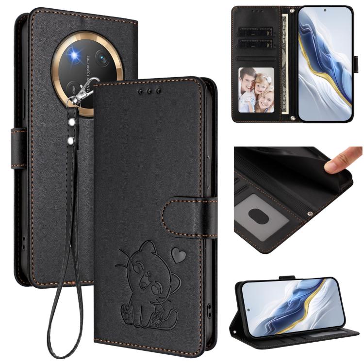Embossed Heart Cat Leather Phone Case with Hand Strap, For Honor 400 Lite Global, For Honor 400 Global 156.5mm, For Honor X8c 4G, For Honor X9c / X60 Pro / Magic7 Lite