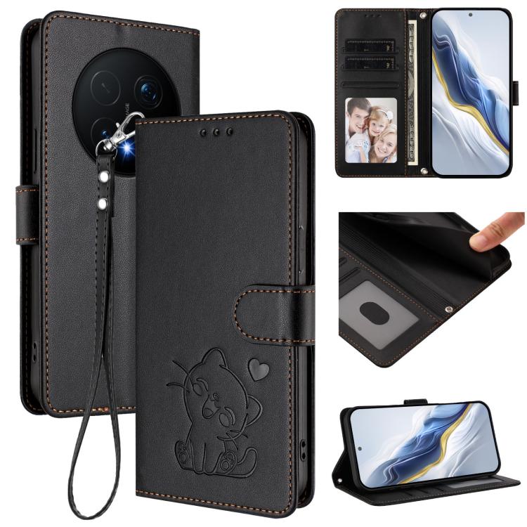 Embossed Heart Cat Leather Phone Case with Hand Strap, For Honor 600 Lite Global, For Honor Magic8 Pro Air 5G, For Honor X8d 4G, For Honor Magic8 Pro