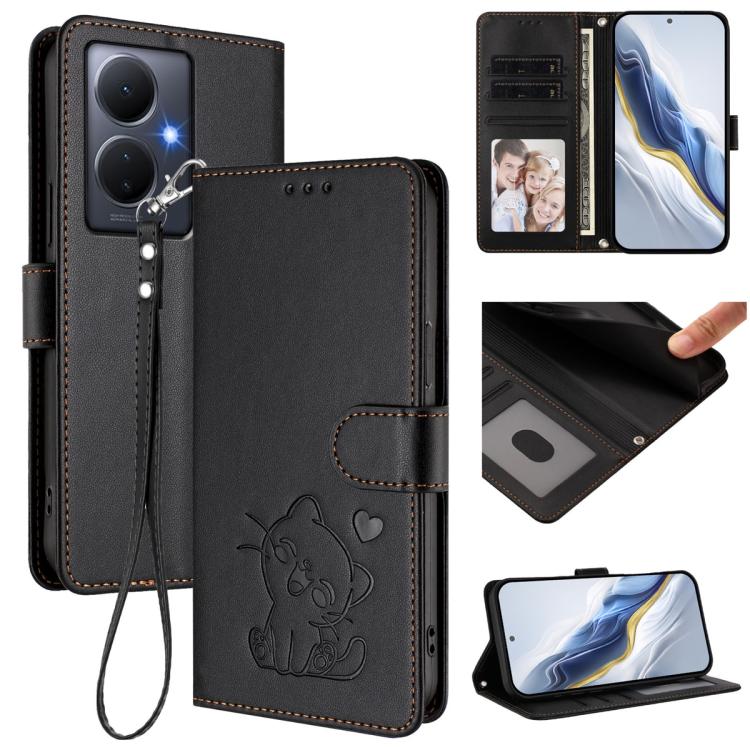 Embossed Heart Cat Leather Phone Case with Hand Strap, For vivo Y17s 4G Global / vivo Y17s 5G India, For vivo Y35+ / Y35m+ / Y27 4G 2023, For vivo Y02 / Y02A / Y02t / Y11 2023, For vivo Y78 / Y78+ / V29 Lite