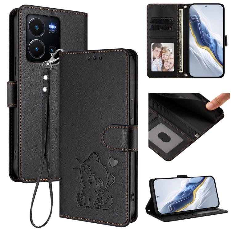 Embossed Heart Cat Leather Phone Case with Hand Strap, For vivo Y100 5G / vivo Y100A Global, For vivo S16 / S16 Pro / V27 / V27 Pro, For vivo S16e / V27e / T2, For vivo Y35 4G / Y22 / Y22s / Y77 / Y77e