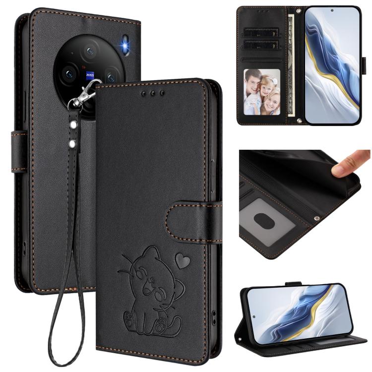 Embossed Heart Cat Leather Phone Case with Hand Strap, For vivo S19, For vivo Y28 4G Global, For vivo X100 Pro / vivo X100s Pro, For vivo X100s